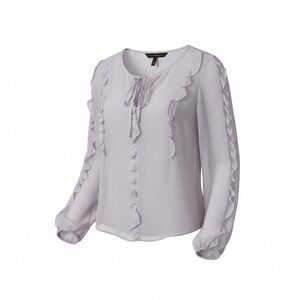 WHITE HOUSE BLACK MARKET Womens Sheer Ruffle Tie Neck Long Sleeve Blouse Top S